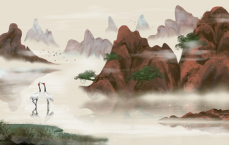 中国风插画河水手绘高清图片