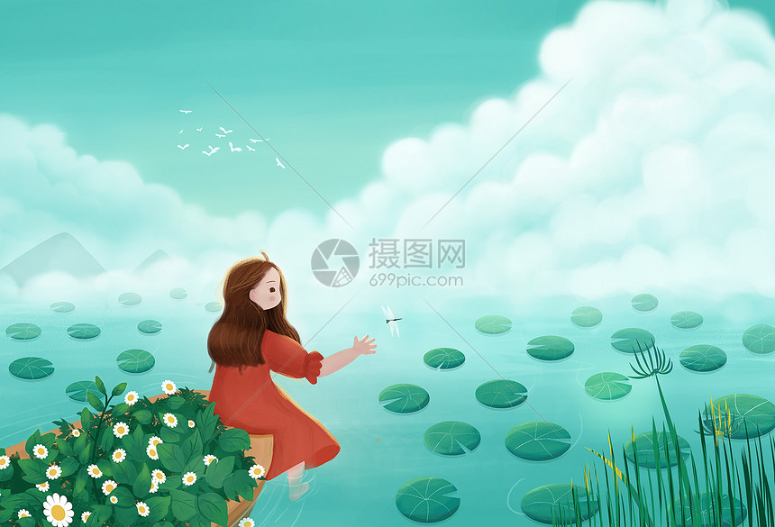 小女孩荷塘戏水插画图片