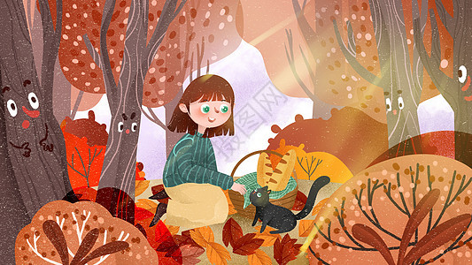 秋季女孩在森林和猫咪玩耍温馨可爱插画图片