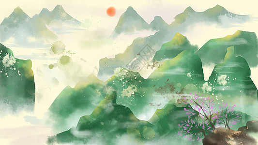中国风水墨画山水落日背景图片