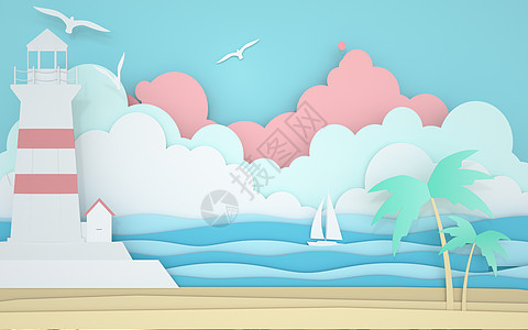 海鸥清新浪漫夏日剪纸风设计图片