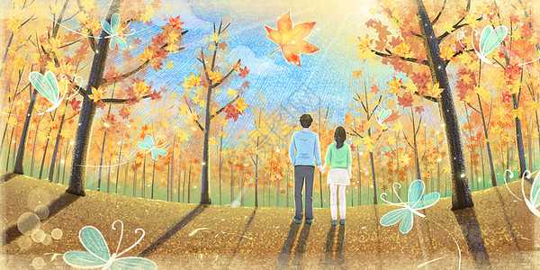 秋季清晨漫步树林的情侣图片