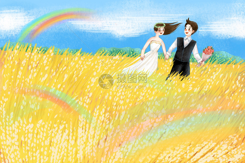 七夕在麦田里奔跑的情侣插画图片下载 正版图片 摄图网