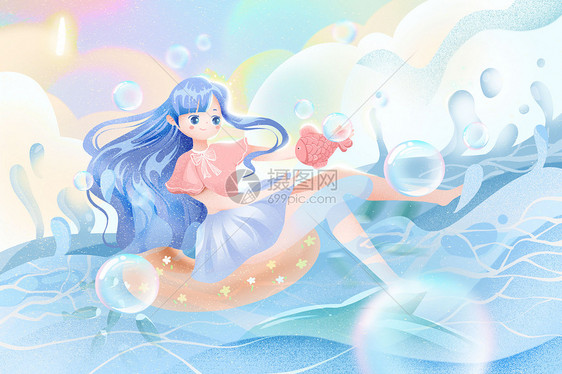 马卡龙色小清新夏季唯美少女海上玩耍插画图片