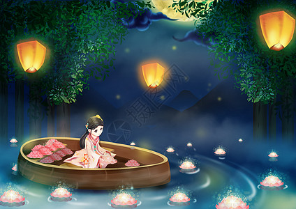中元节夜晚女孩乘船放花灯插画图片