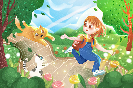 暑假小女孩和宠物玩耍可爱插画图片