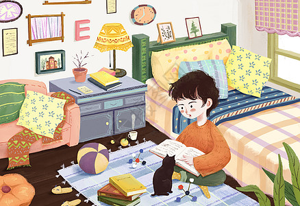 新中式卧室暑期在家学习男孩插画