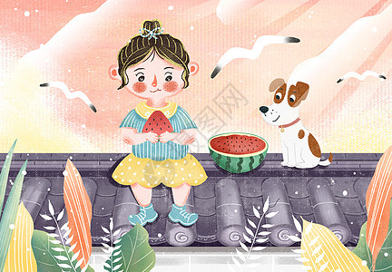 小清新大暑节气之小女孩屋顶吃西瓜插画图片