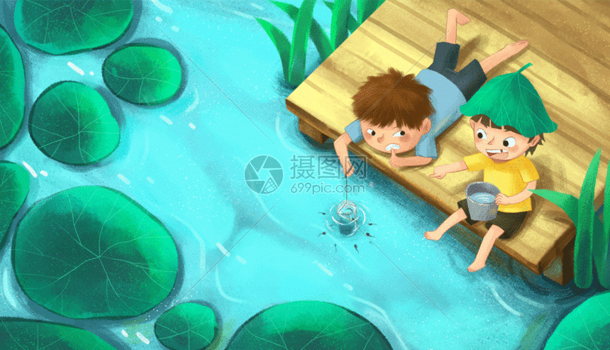 夏天池塘边玩耍的小孩动图图片-正版gif素材401573419-摄图网
