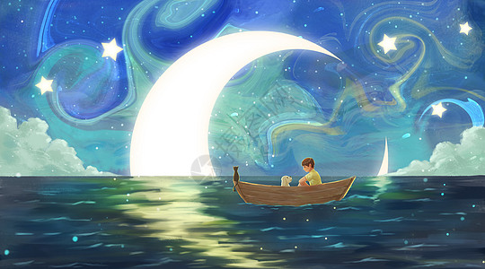 创意儿童画与月亮一起漂流的小男孩插画