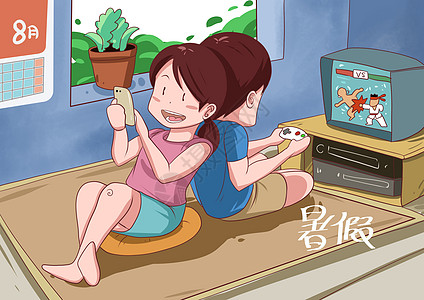 老外玩手机暑假休闲插画