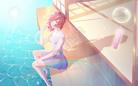 浴室人物夏日梦幻美少女插画