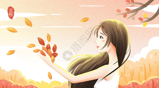 散落秋叶的女孩图片