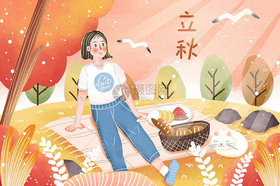 小清新立秋节气小女孩野餐插画图片