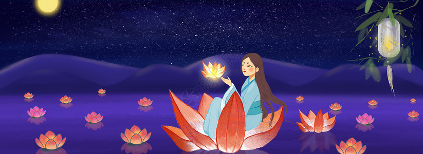 中元节坐在莲花上的女孩图片