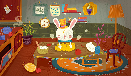 中秋节兔子厨房做月饼可爱温馨插画图片