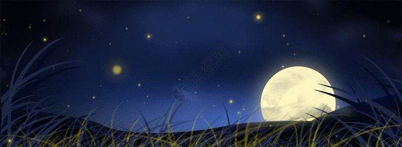 萤火虫中秋月亮升起郊外草地星空背景GIF高清图片