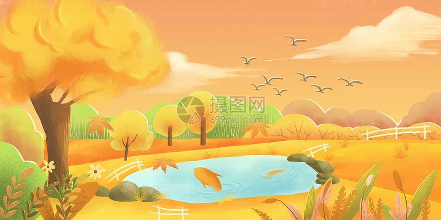 金色秋日黄昏插画图片下载 正版图片 摄图网