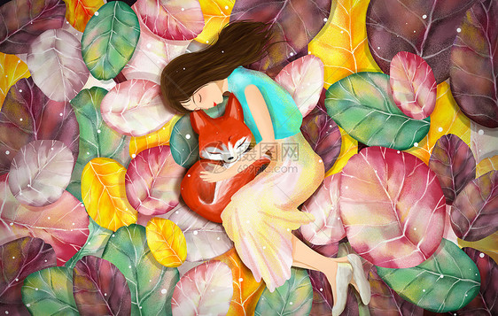 女生抱着狐狸在落叶丛上小憩图片