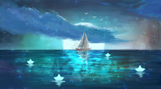 月亮升起月光下的小帆船插画