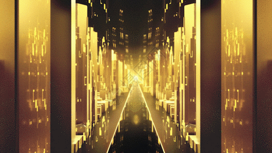 房间走廊科技金色三维虚拟城市场景穿梭循环动态背景GIF高清图片