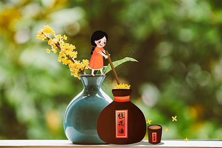 创意中秋节女孩酿桂花酒背景图片