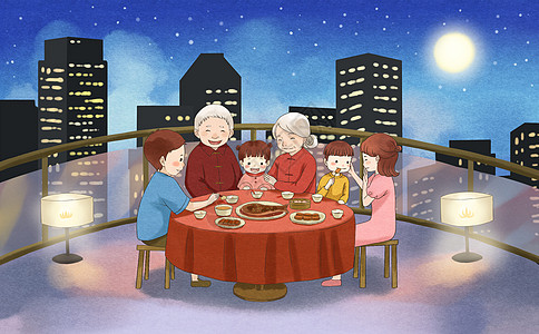 中秋节一家人阳台高清图片
