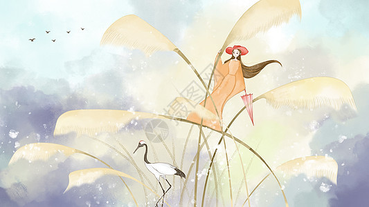 白露的芦苇和鹤背景图片