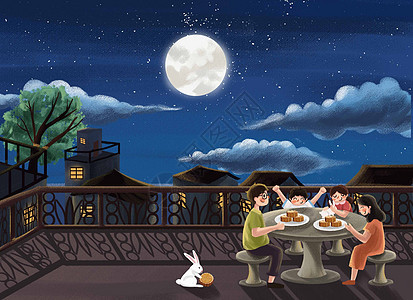 中秋节传统节日团圆吃月饼小清新插画家人图片