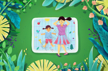 蓝天下的绿树秋游躺在草地上的妈妈和孩子GIF高清图片