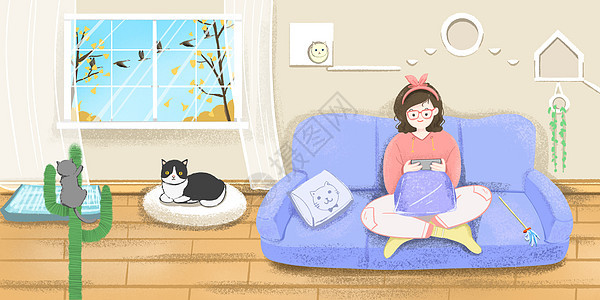 秋天假日和猫咪宅在家里图片