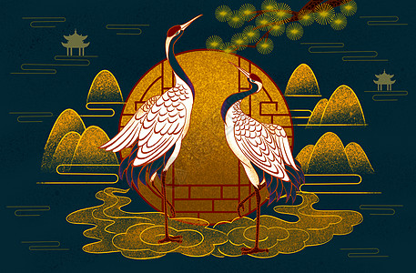 中国元素图案烫金中式仙鹤插画