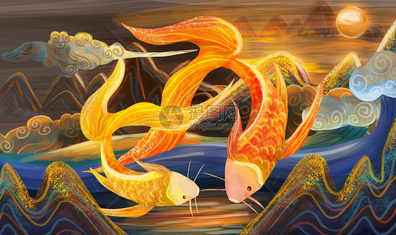 重彩金色锦鲤中国风图片