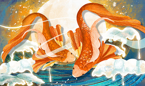 鱼 图腾金鱼重彩中国风背景插画