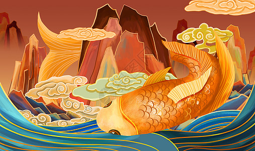 重彩鲤鱼彩绘戏水中国风图片