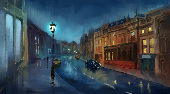 车下雨雨后的街道插画