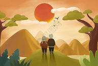 重阳节老人夫妇登山望远观山水噪点风格插画图片