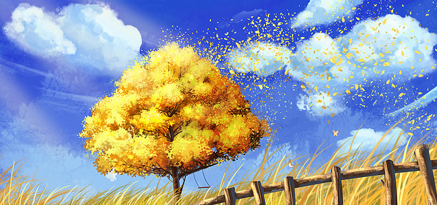 云南田野秋天被风吹散的树叶插画
