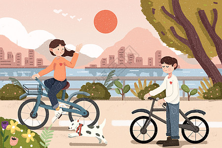 世界骑行日河边男女骑自行车高清图片