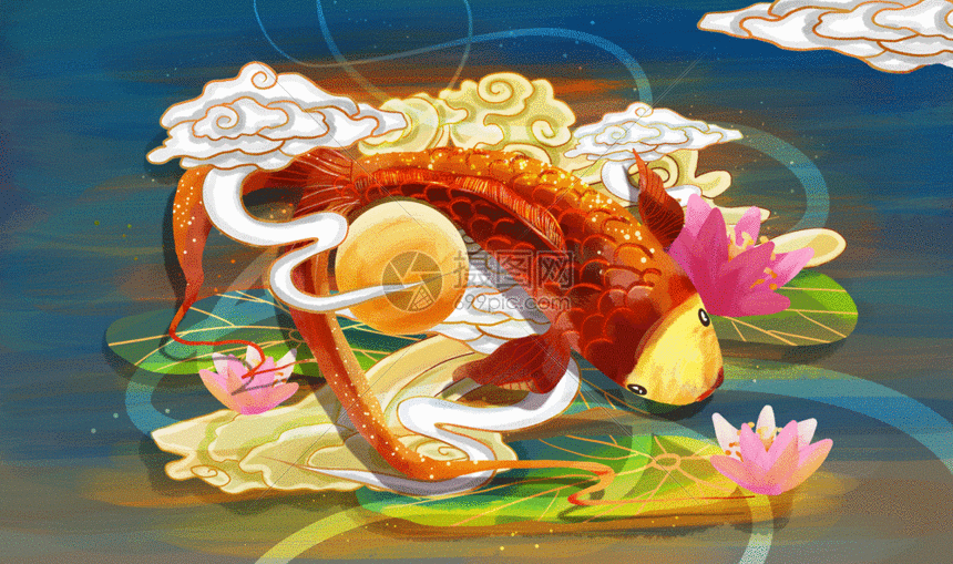 gif动态图片下载,该gif动态图片标题为金鱼重彩仙云国潮风gif,编号