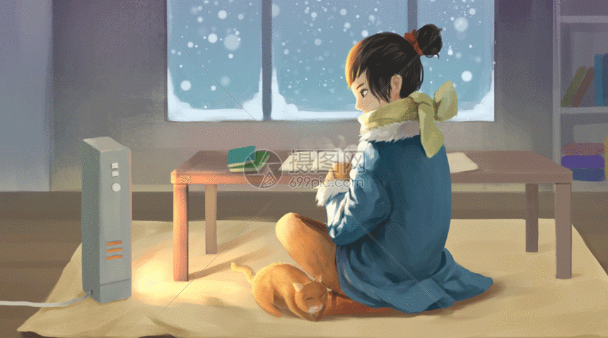 冬天坐在暖器旁的女孩GIF图片