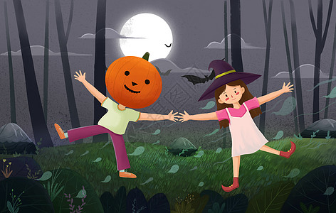 司法与人万圣节与南瓜人跳舞的小女巫插画