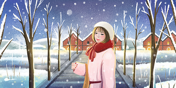冬天下雪女孩在街道漫步图片