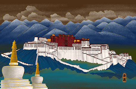 布达拉宫烫金城市美丽中国西藏插画