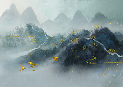岩彩烫金中国风山水风景插画