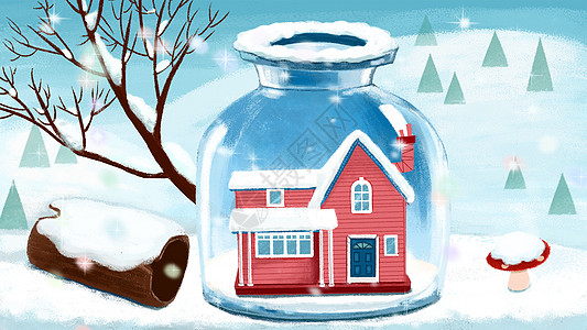 童话风漂流瓶木房子雪景冬至大雪图片