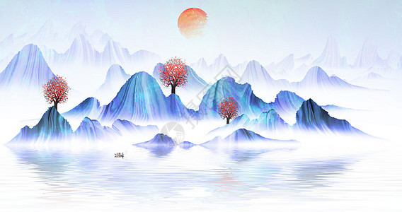 彩色中国风山水水墨插画图片