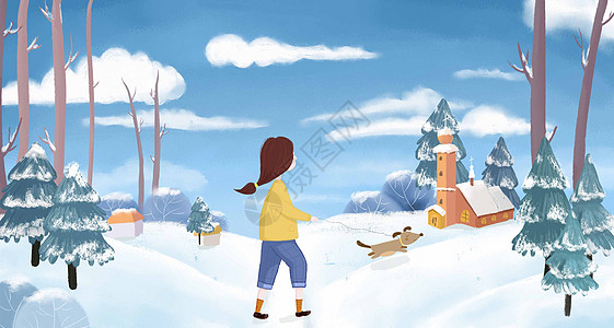 户外玩耍冬季雪天少女带狗狗出去玩耍插画