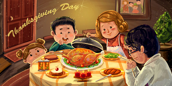 感恩节全家团聚吃火鸡暖色插画图片