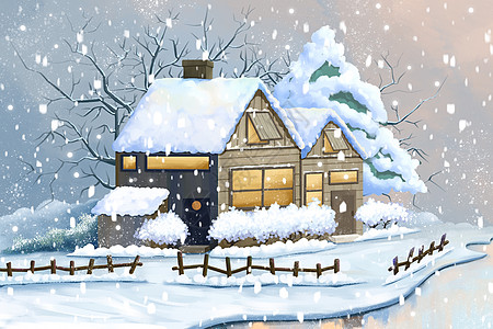结冰冬季雪中的房子插画